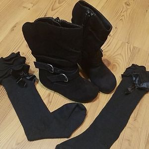 Size 5 baby black boots and high socks